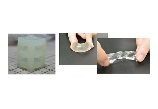 (図3)高強度ゲルの3D造形物(左)/高透明で柔軟なゲルの3次元自由造形(中、右)